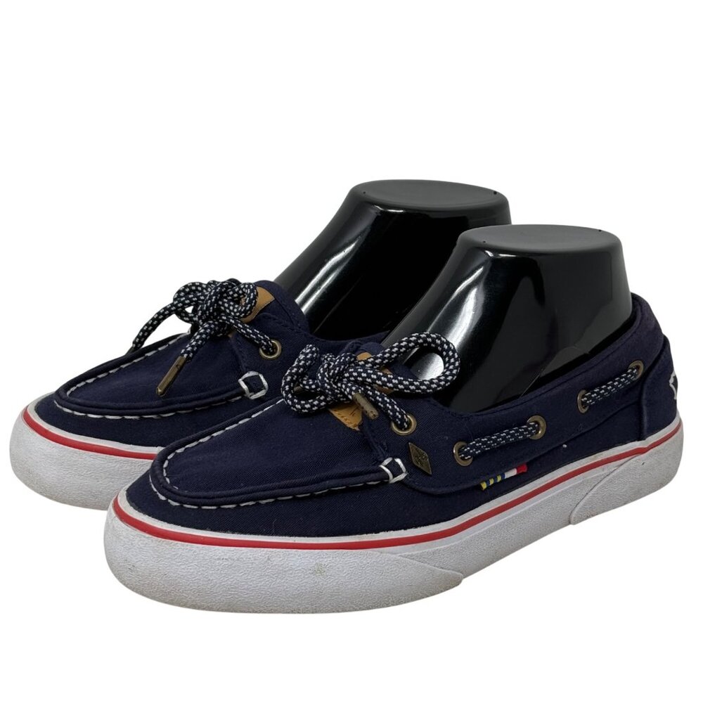 Guy Harvey Womens Navy Canvas Boat Deck Shoes Flag Accent Rope Laces Size 7